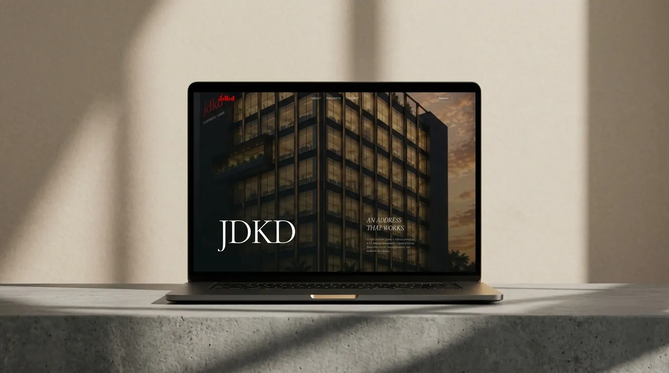 The JDKD Corporate Tower website on a laptop